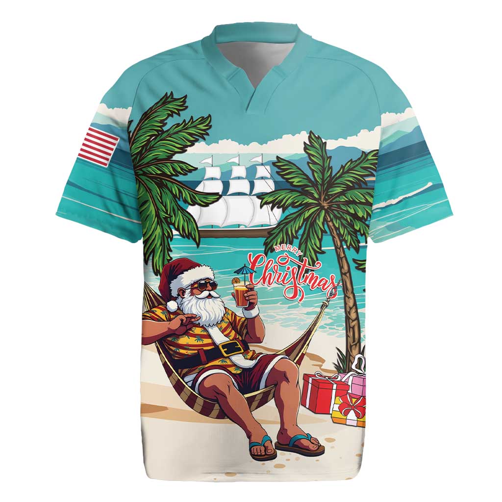 Afro Christmas in Liberia Rugby Jersey Santa Chill on Tropical Beach - African Pride