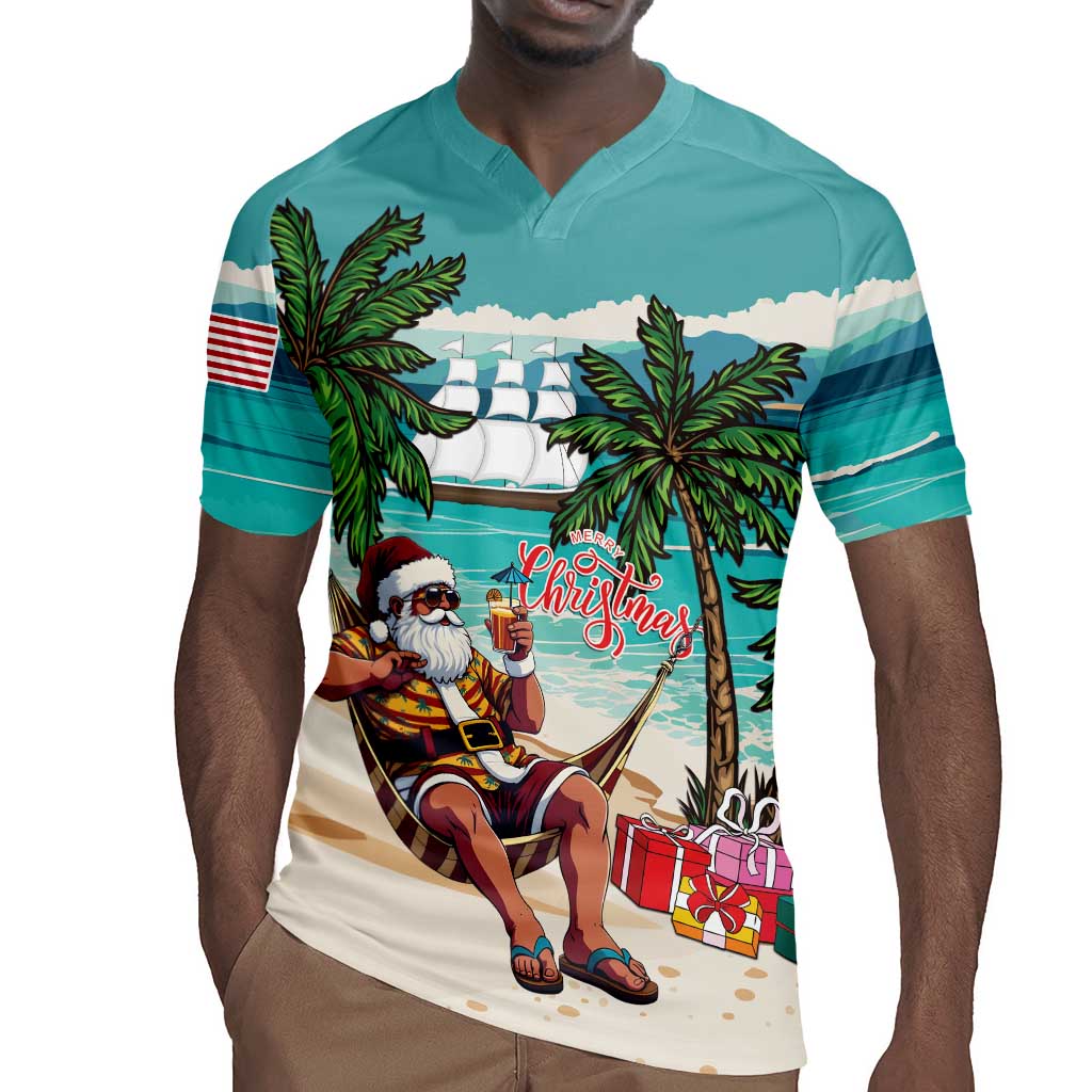 Afro Christmas in Liberia Rugby Jersey Santa Chill on Tropical Beach - African Pride