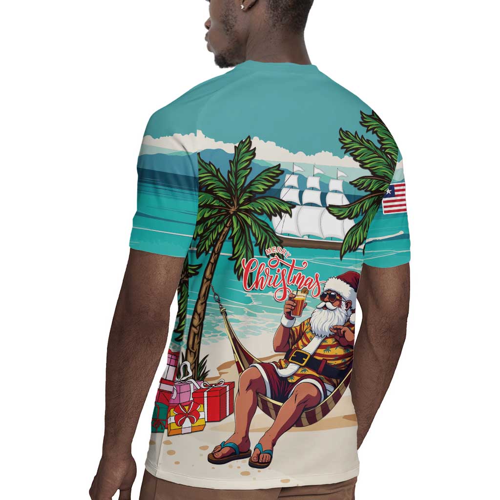 Afro Christmas in Liberia Rugby Jersey Santa Chill on Tropical Beach - African Pride