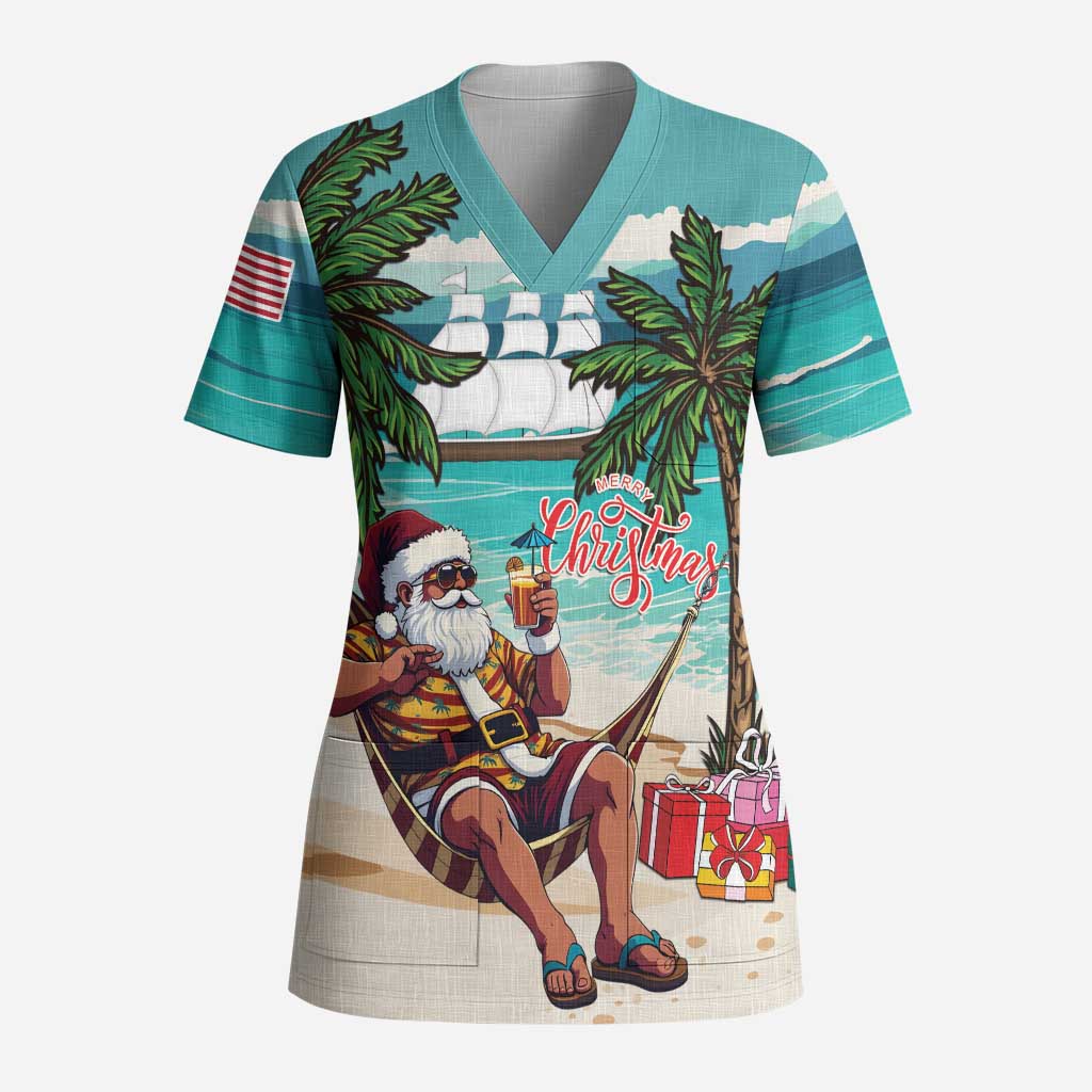Liberia Christmas Scrub Top Santa Chill on Tropical Beach - African Pride