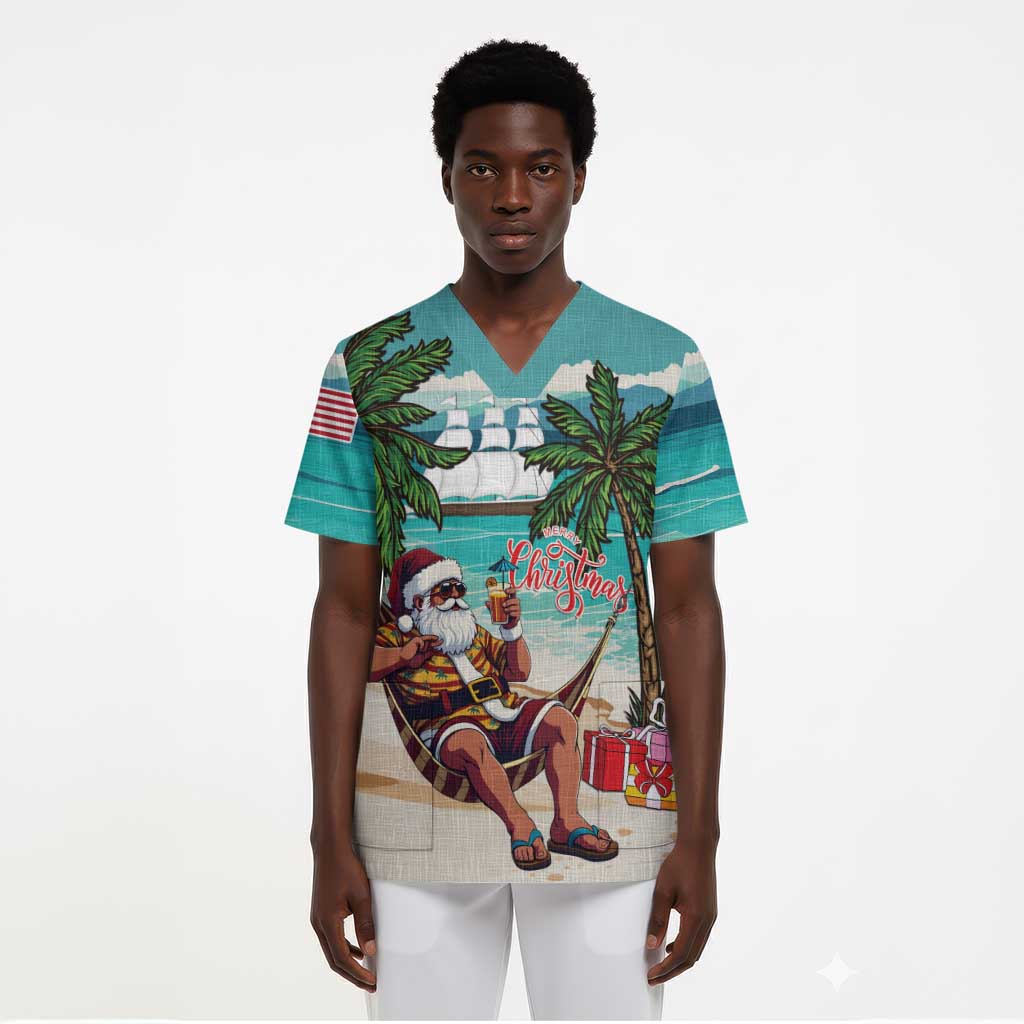 Liberia Christmas Scrub Top Santa Chill on Tropical Beach - African Pride