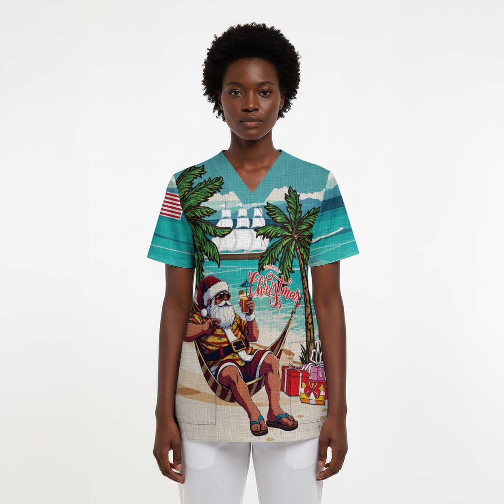 Liberia Christmas Scrub Top Santa Chill on Tropical Beach - African Pride