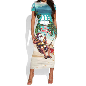 Afro Christmas in Liberia Short Sleeve Bodycon Dress Santa Chill on Tropical Beach - African Pride