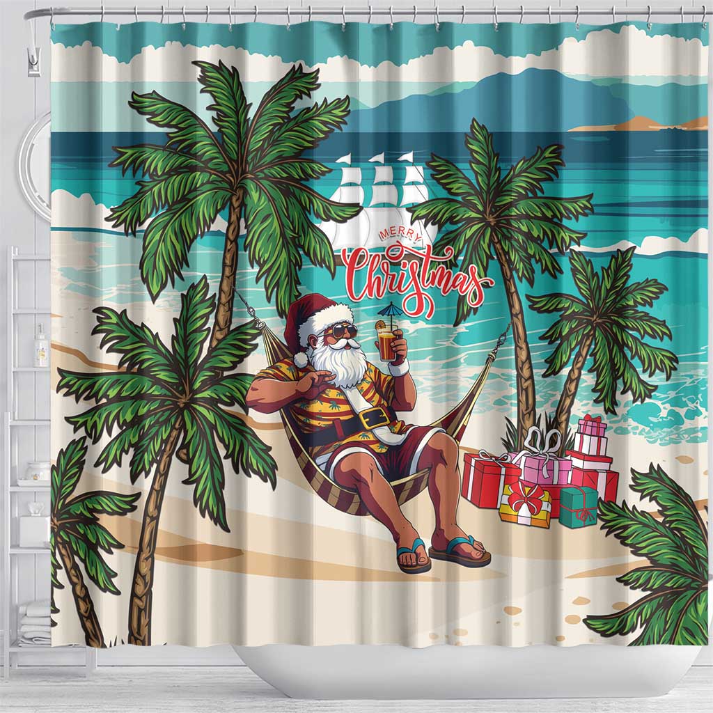 Afro Christmas in Liberia Shower Curtain Santa Chill on Tropical Beach - African Pride