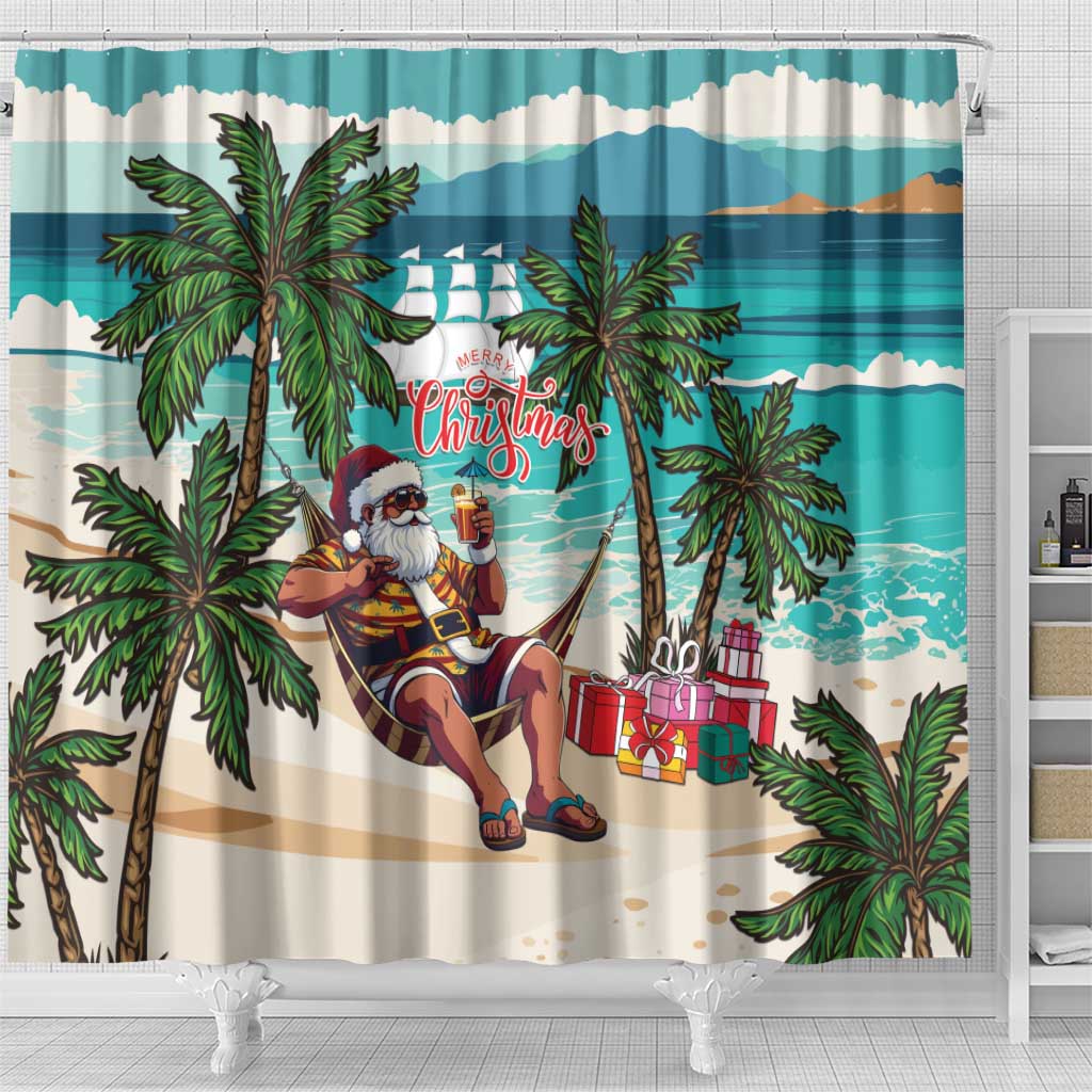 Afro Christmas in Liberia Shower Curtain Santa Chill on Tropical Beach - African Pride
