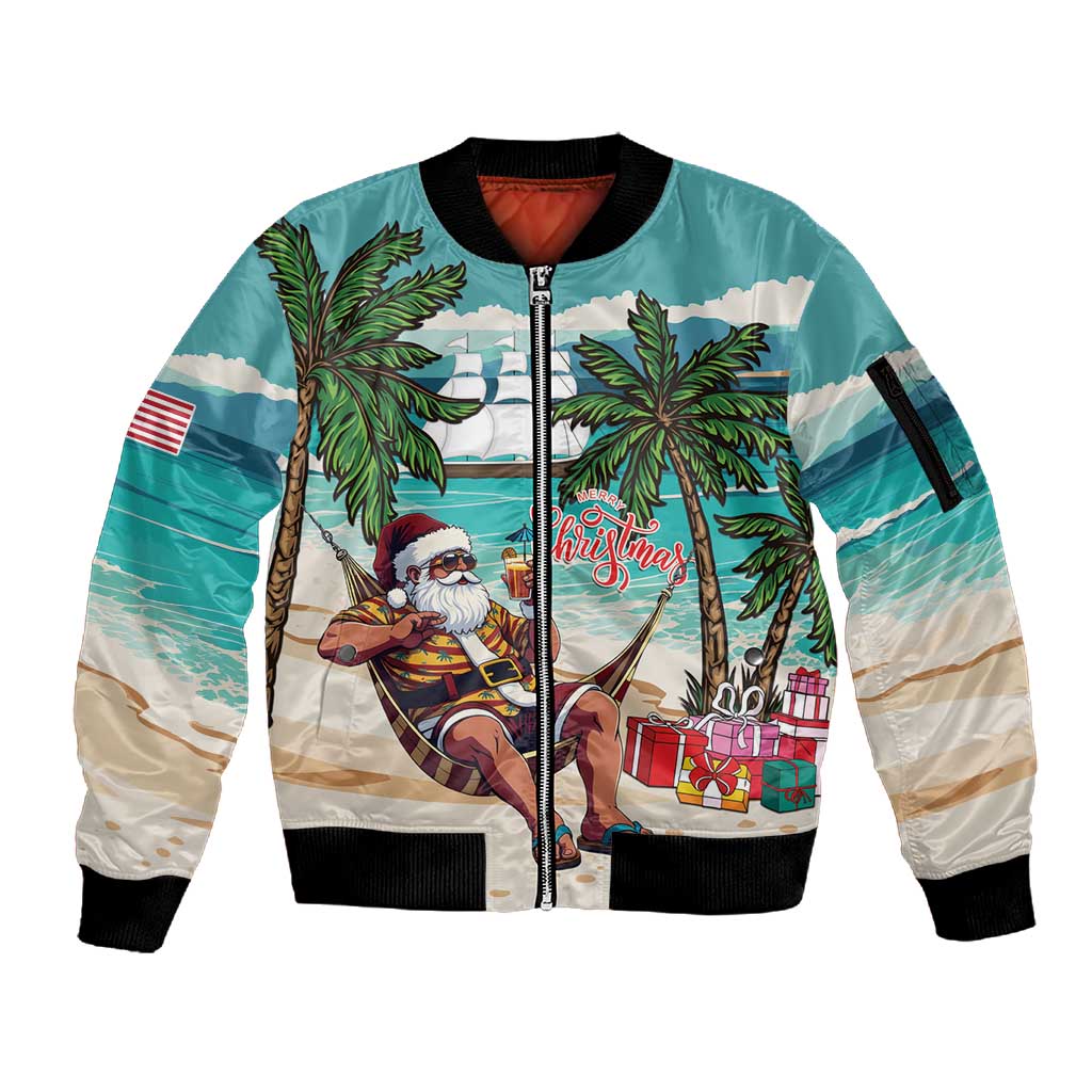 Afro Christmas in Liberia Sleeve Zip Bomber Jacket Santa Chill on Tropical Beach - African Pride