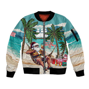 Afro Christmas in Liberia Sleeve Zip Bomber Jacket Santa Chill on Tropical Beach - African Pride
