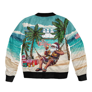 Afro Christmas in Liberia Sleeve Zip Bomber Jacket Santa Chill on Tropical Beach - African Pride