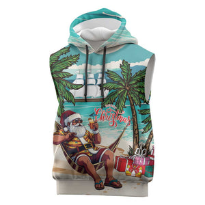 Afro Christmas in Liberia Sleeveless Hoodie Santa Chill on Tropical Beach - African Pride
