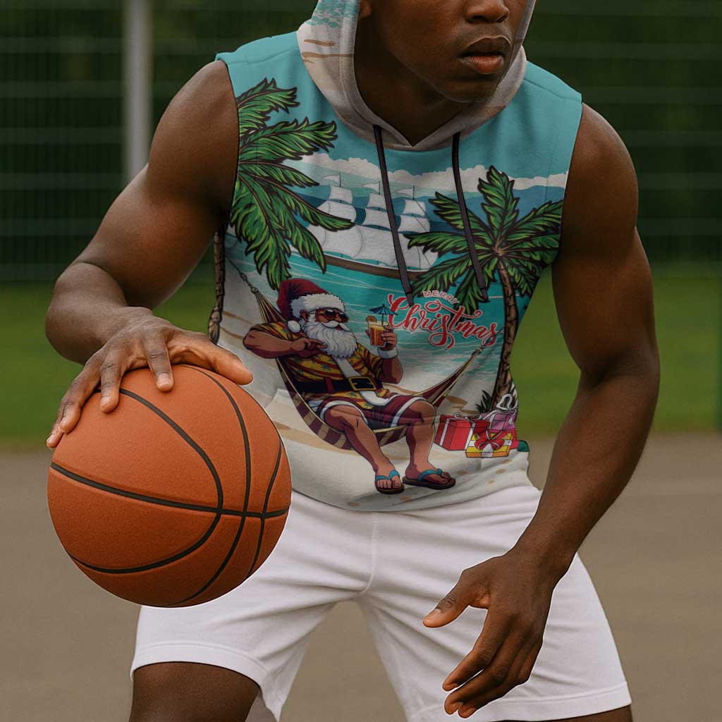 Afro Christmas in Liberia Sleeveless Hoodie Santa Chill on Tropical Beach - African Pride