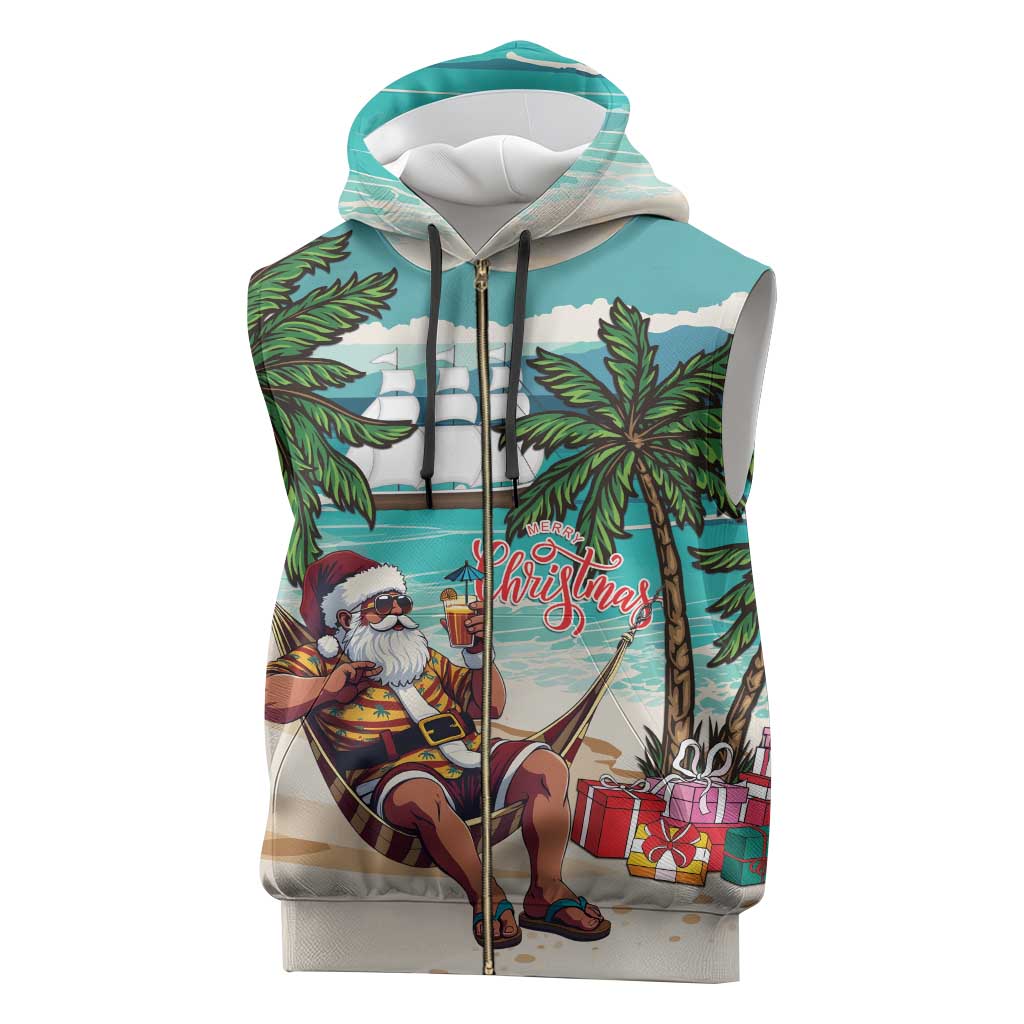 Afro Christmas in Liberia Sleeveless Zip Hoodie Santa Chill on Tropical Beach - African Pride