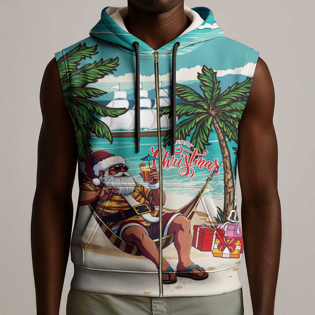 Afro Christmas in Liberia Sleeveless Zip Hoodie Santa Chill on Tropical Beach - African Pride