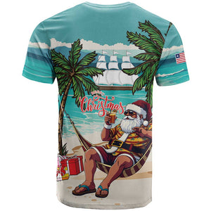 Afro Christmas in Liberia T shirt Santa Chill on Tropical Beach - African Pride