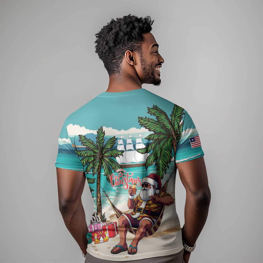 Afro Christmas in Liberia T shirt Santa Chill on Tropical Beach - African Pride