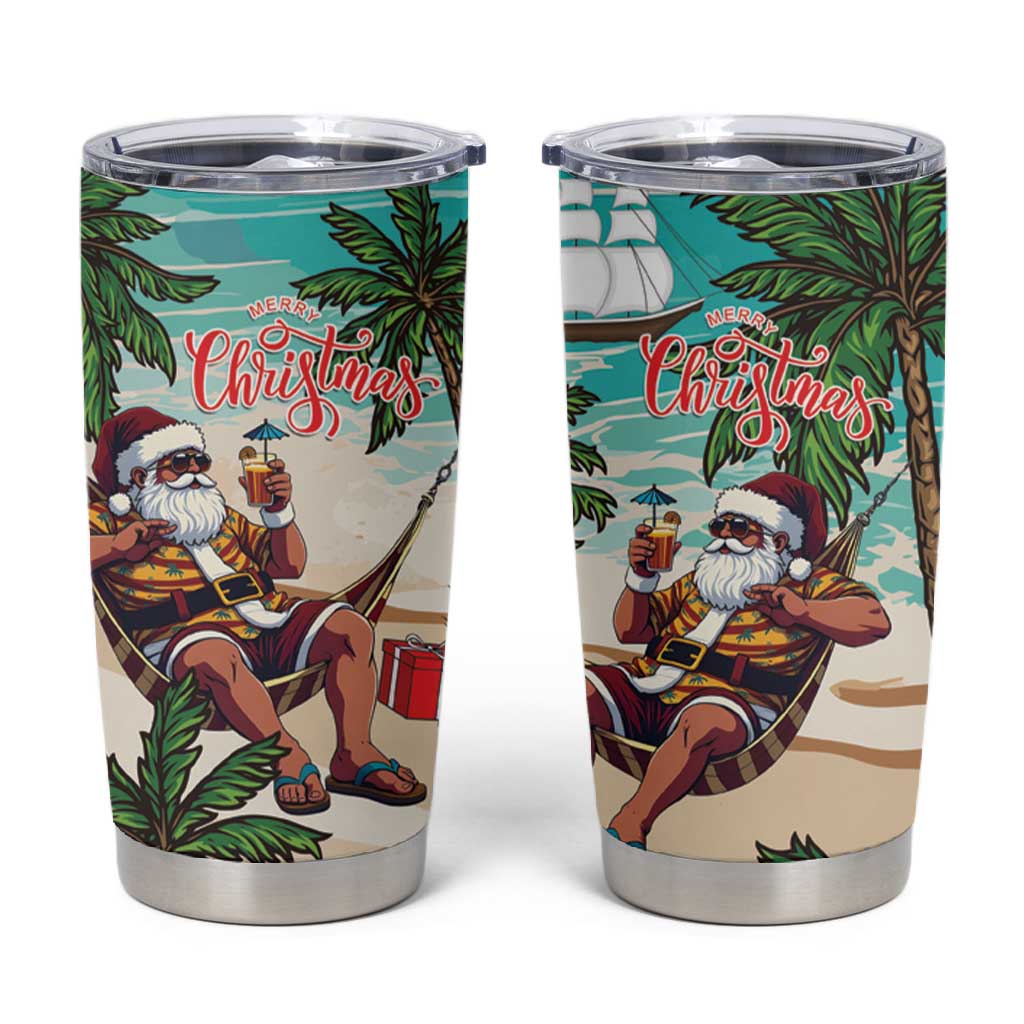 Afro Christmas in Liberia Tumbler Cup Santa Chill on Tropical Beach - African Pride