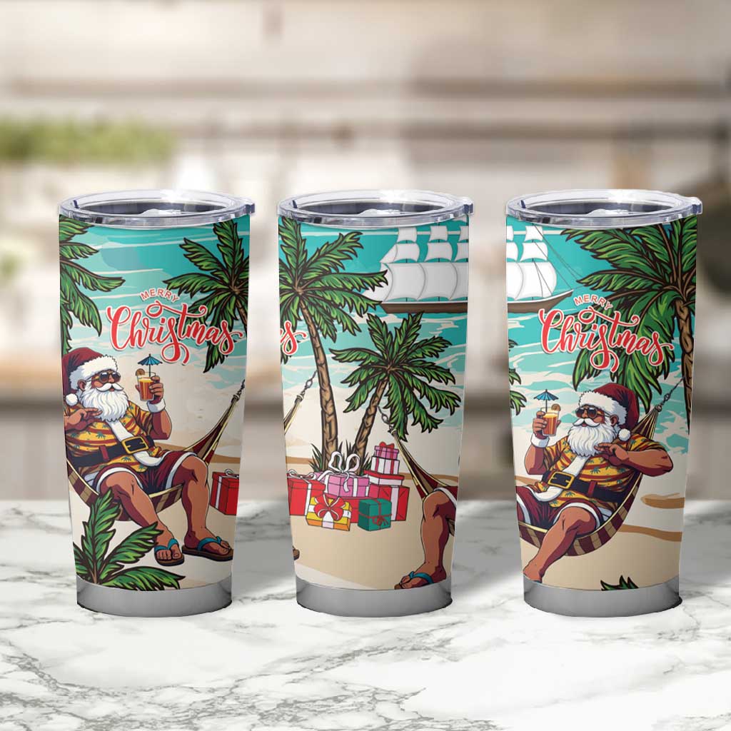 Afro Christmas in Liberia Tumbler Cup Santa Chill on Tropical Beach - African Pride