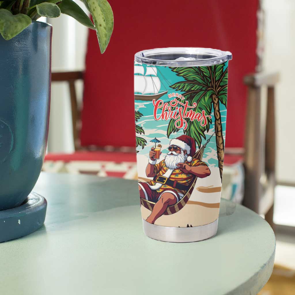 Afro Christmas in Liberia Tumbler Cup Santa Chill on Tropical Beach - African Pride