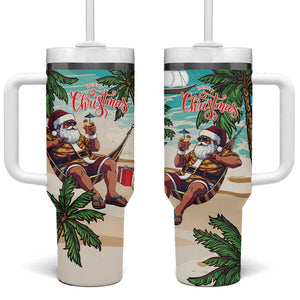 Afro Christmas in Liberia Tumbler With Handle Santa Chill on Tropical Beach - African Pride