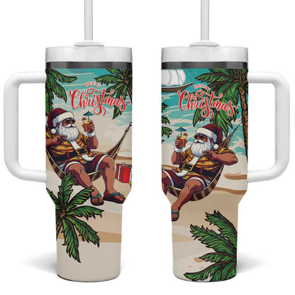 Afro Christmas in Liberia Tumbler With Handle Santa Chill on Tropical Beach - African Pride