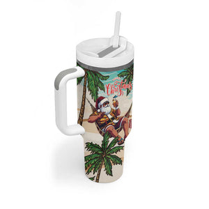 Afro Christmas in Liberia Tumbler With Handle Santa Chill on Tropical Beach - African Pride