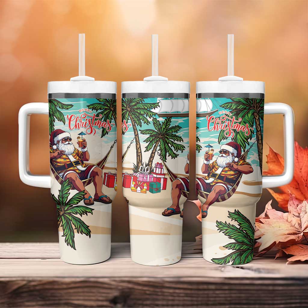 Afro Christmas in Liberia Tumbler With Handle Santa Chill on Tropical Beach - African Pride