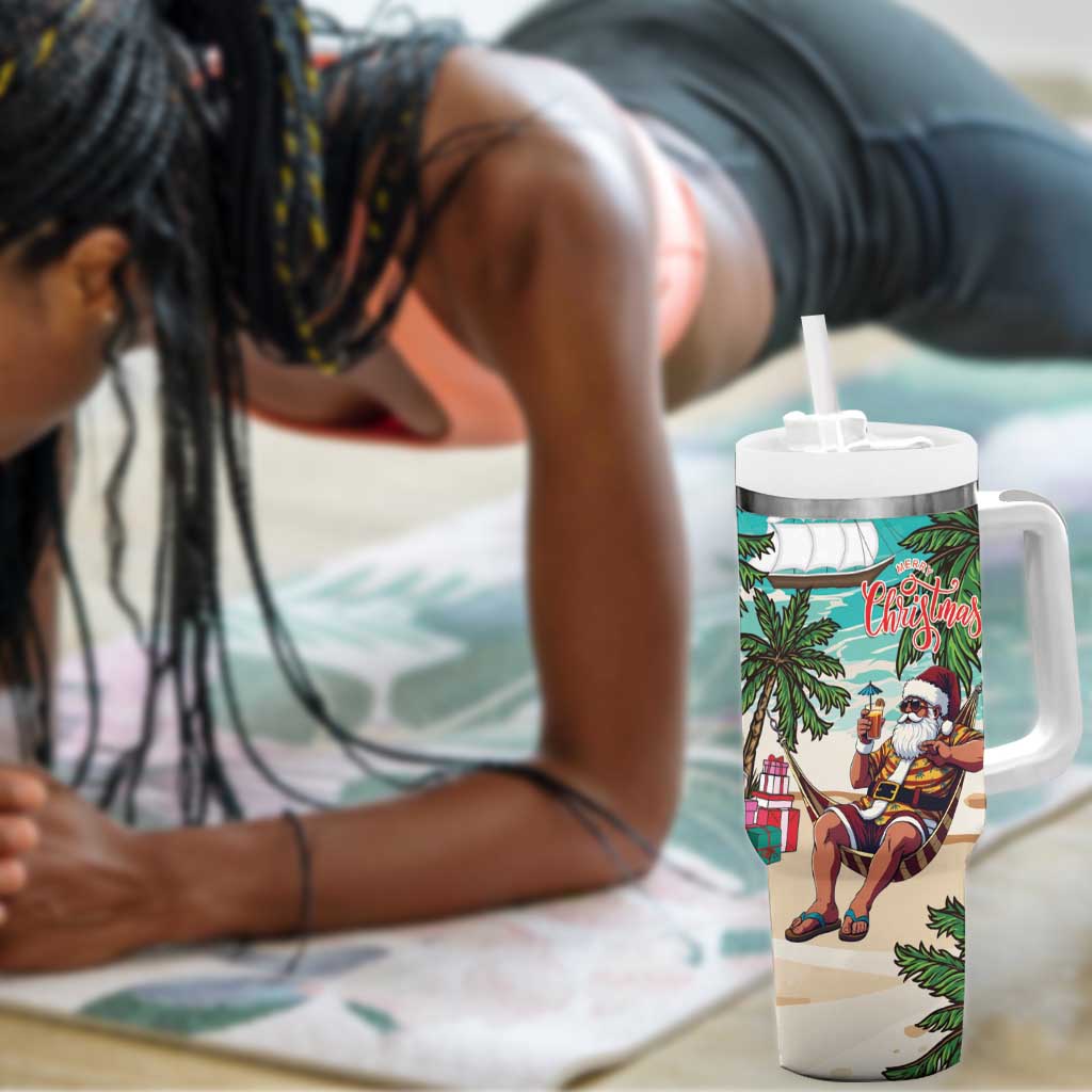 Afro Christmas in Liberia Tumbler With Handle Santa Chill on Tropical Beach - African Pride