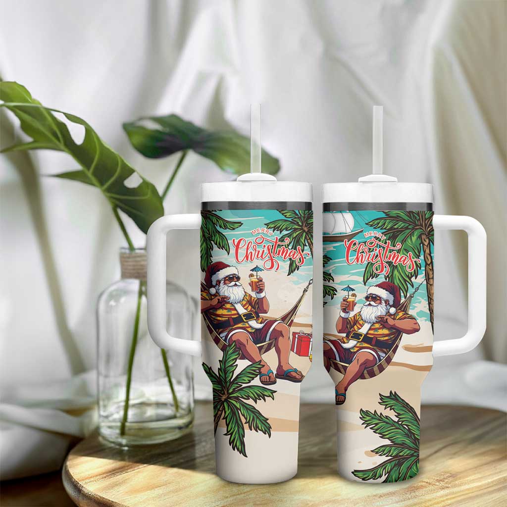 Afro Christmas in Liberia Tumbler With Handle Santa Chill on Tropical Beach - African Pride