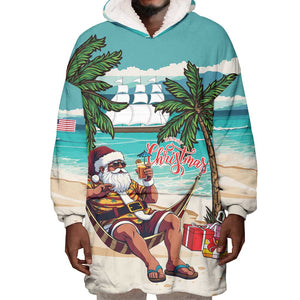 Afro Christmas in Liberia Wearable Blanket Hoodie Santa Chill on Tropical Beach - African Pride