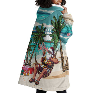 Afro Christmas in Liberia Wearable Blanket Hoodie Santa Chill on Tropical Beach - African Pride