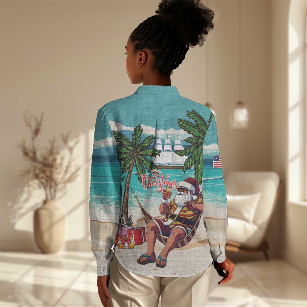 Afro Christmas in Liberia Women Casual Shirt Santa Chill on Tropical Beach - African Pride