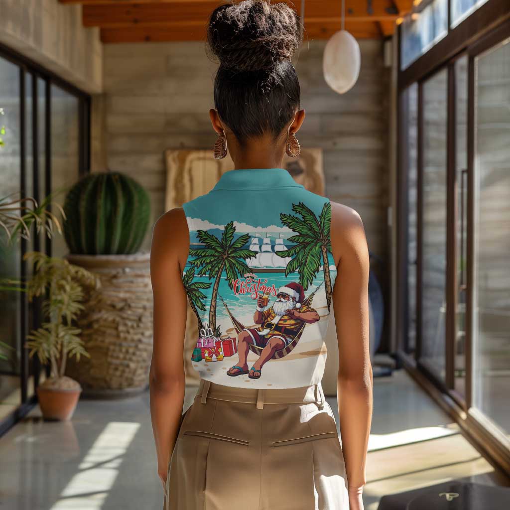 Afro Christmas in Liberia Women Sleeveless Polo Shirt Santa Chill on Tropical Beach - African Pride