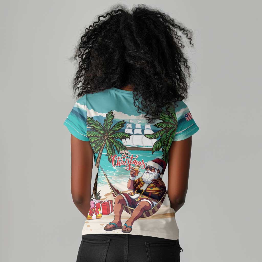 Afro Christmas in Liberia Women V-Neck T-Shirt Santa Chill on Tropical Beach - African Pride