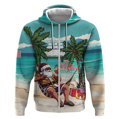 Afro Christmas in Liberia Zip Hoodie Santa Chill on Tropical Beach - African Pride