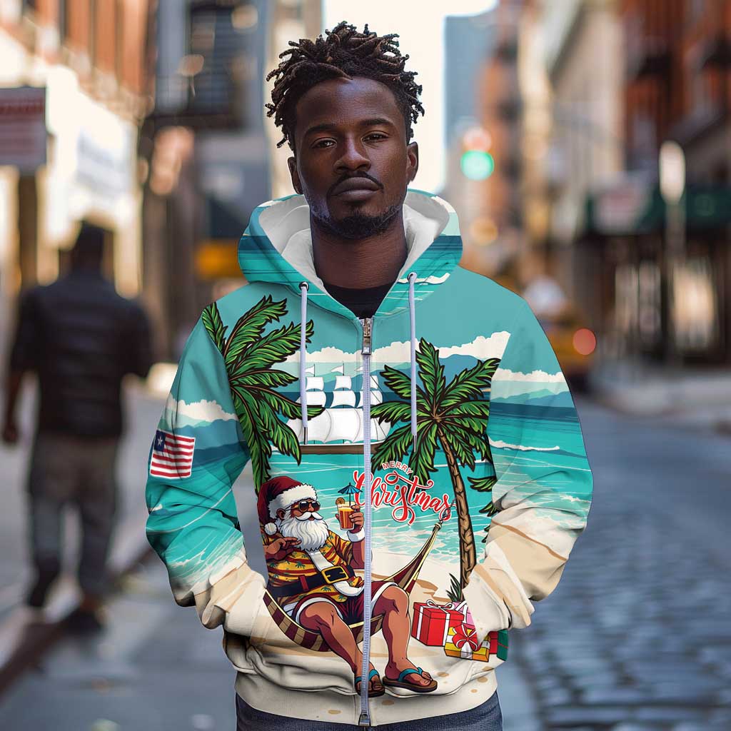 Afro Christmas in Liberia Zip Hoodie Santa Chill on Tropical Beach - African Pride
