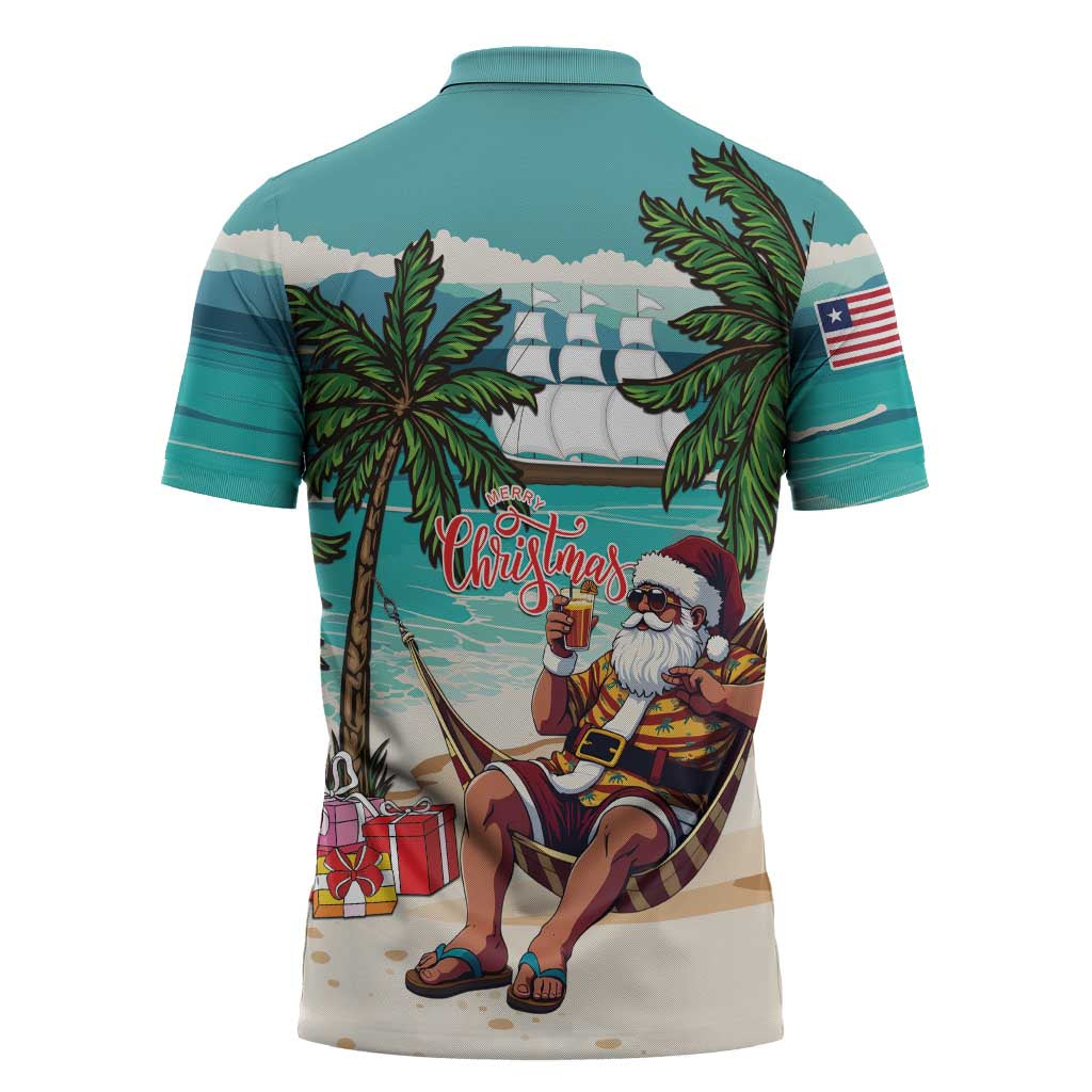 Liberia Christmas Zipper Polo Shirt Santa Chill on Tropical Beach