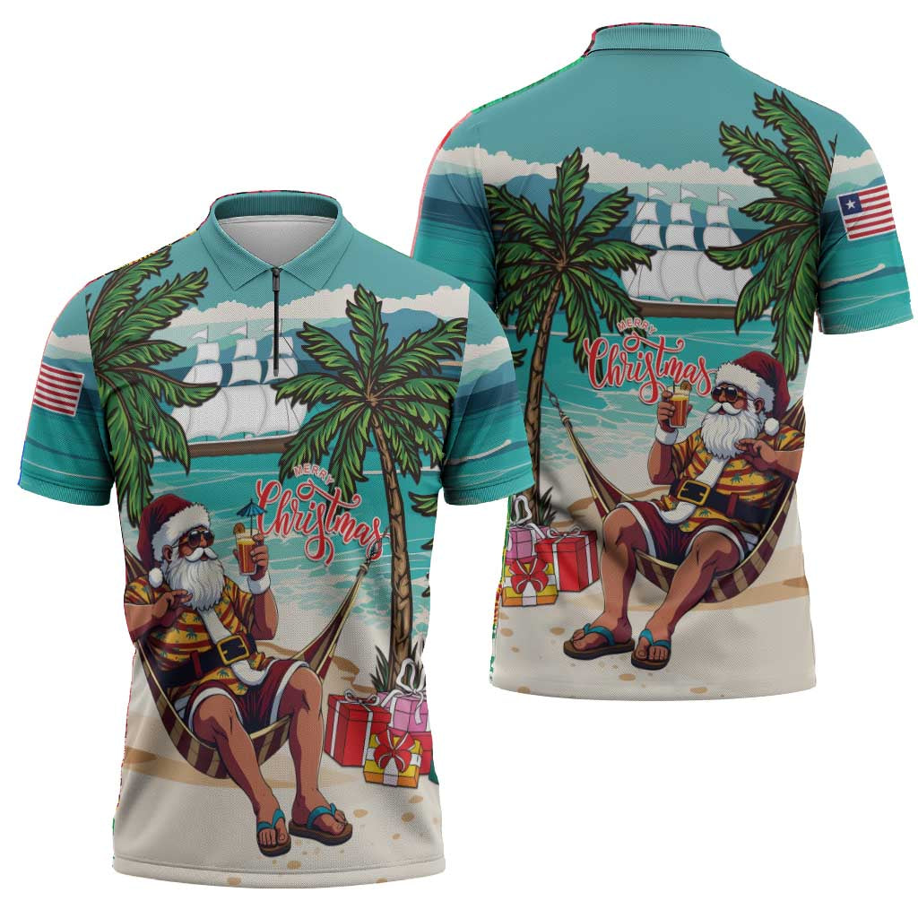 Liberia Christmas Zipper Polo Shirt Santa Chill on Tropical Beach