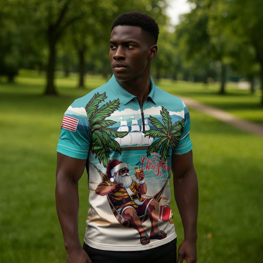 Liberia Christmas Zipper Polo Shirt Santa Chill on Tropical Beach