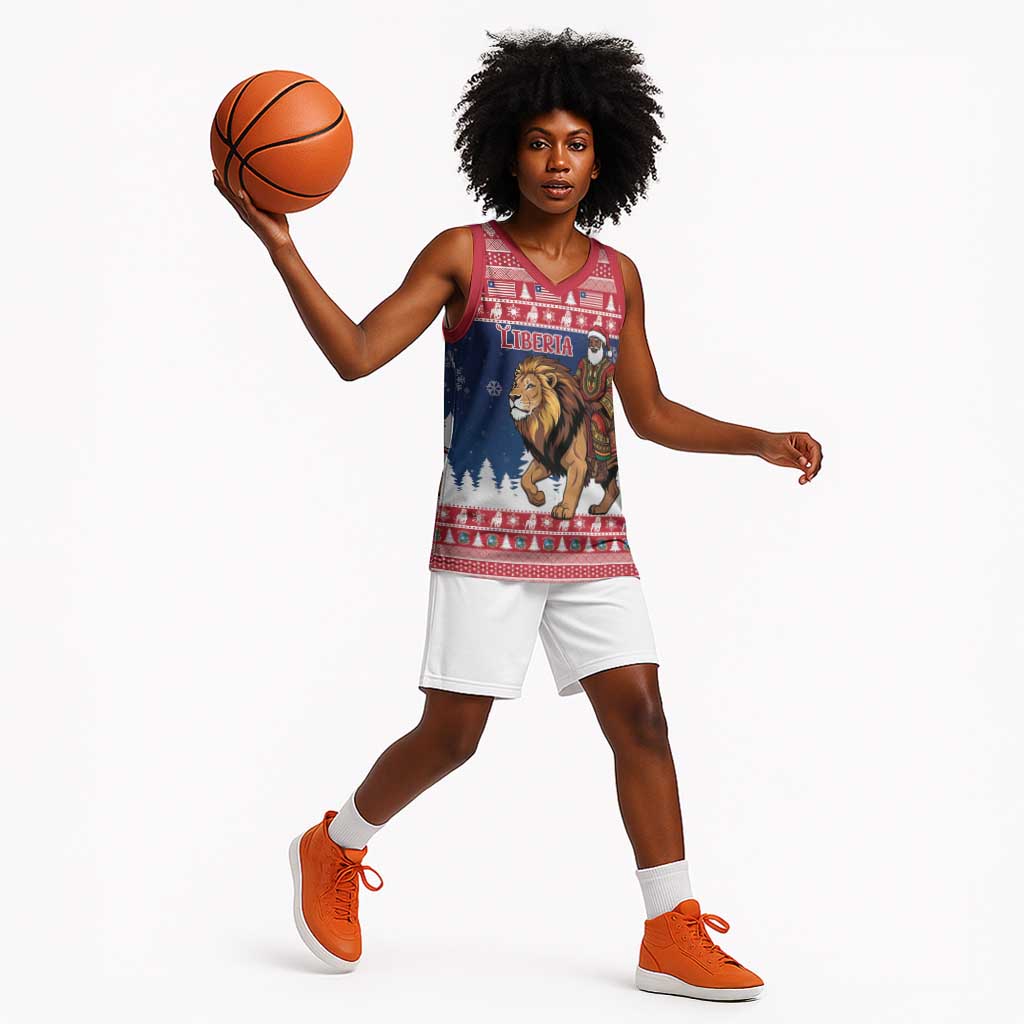 Personalized Afro Christmas in Liberia Basketball Jersey Black Santa Riding Lion - Merry Christmas - African Pride