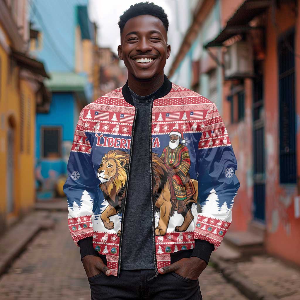 Personalized Afro Christmas in Liberia Bomber Jacket Black Santa Riding Lion - Merry Christmas - African Pride
