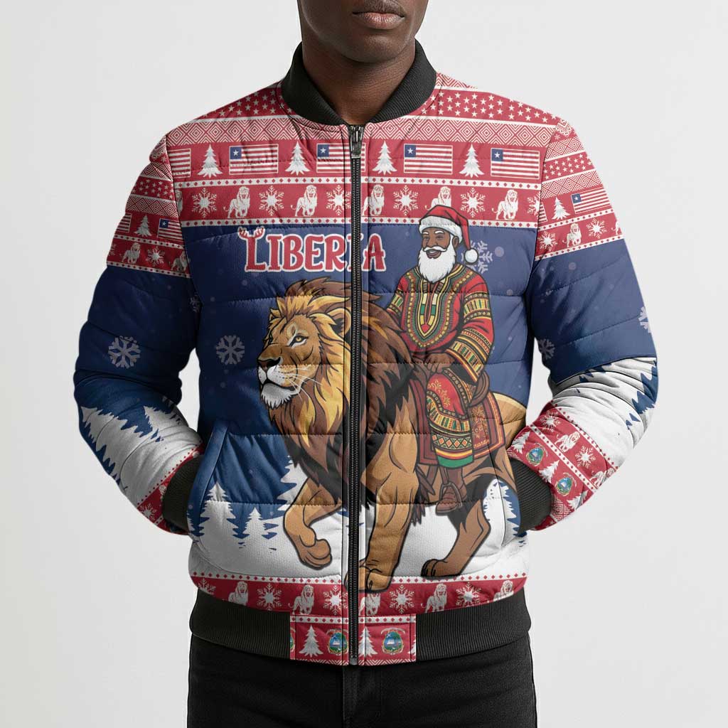 Personalized Liberia Christmas Bomber Puffer Jacket Black Santa Riding Lion - Merry Christmas