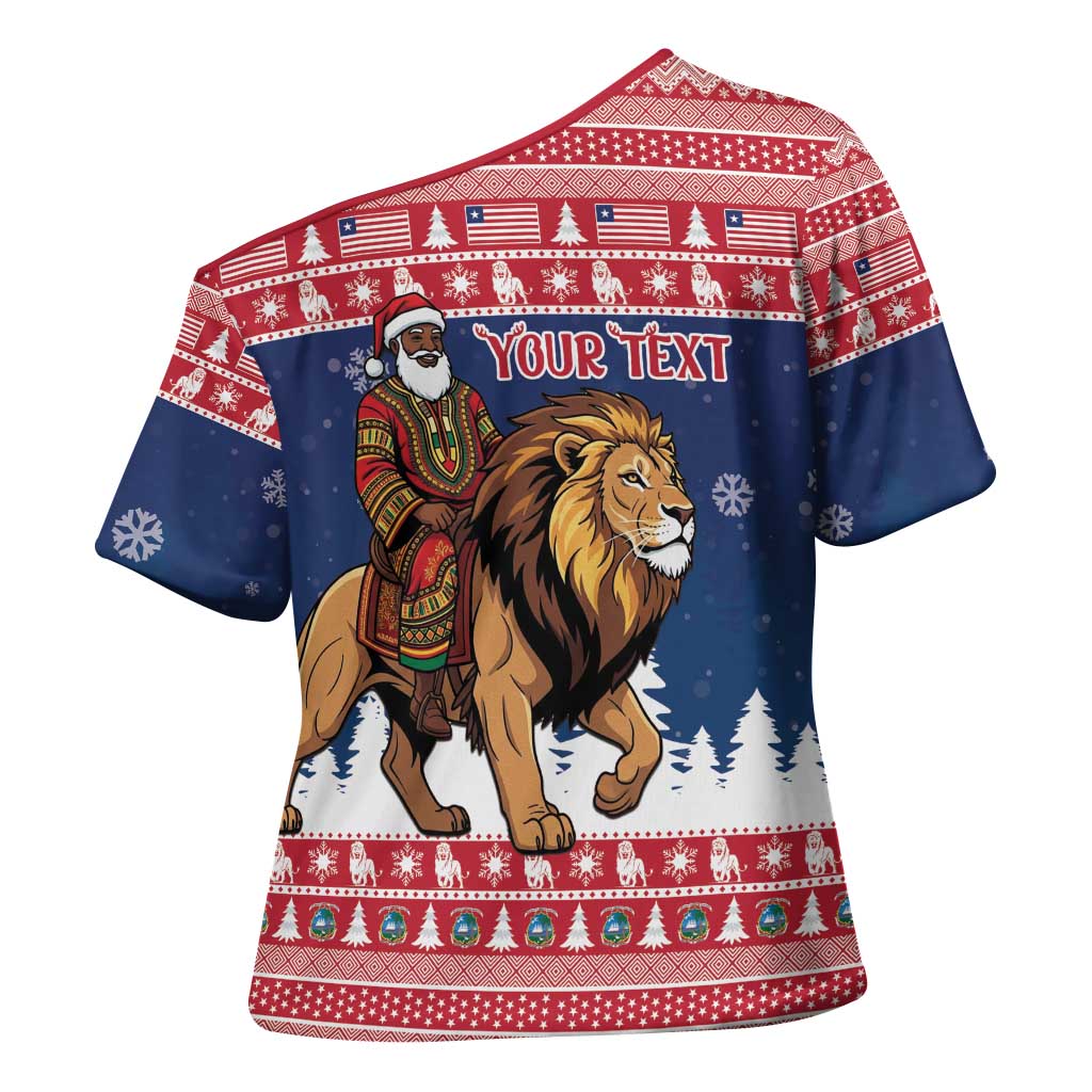 Personalized Liberia Christmas Cross Shoulder Shirt Black Santa Riding Lion - Merry Christmas
