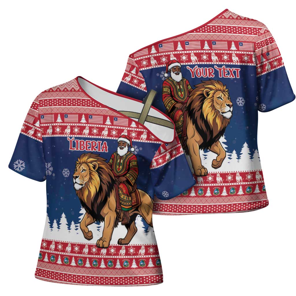 Personalized Liberia Christmas Cross Shoulder Shirt Black Santa Riding Lion - Merry Christmas