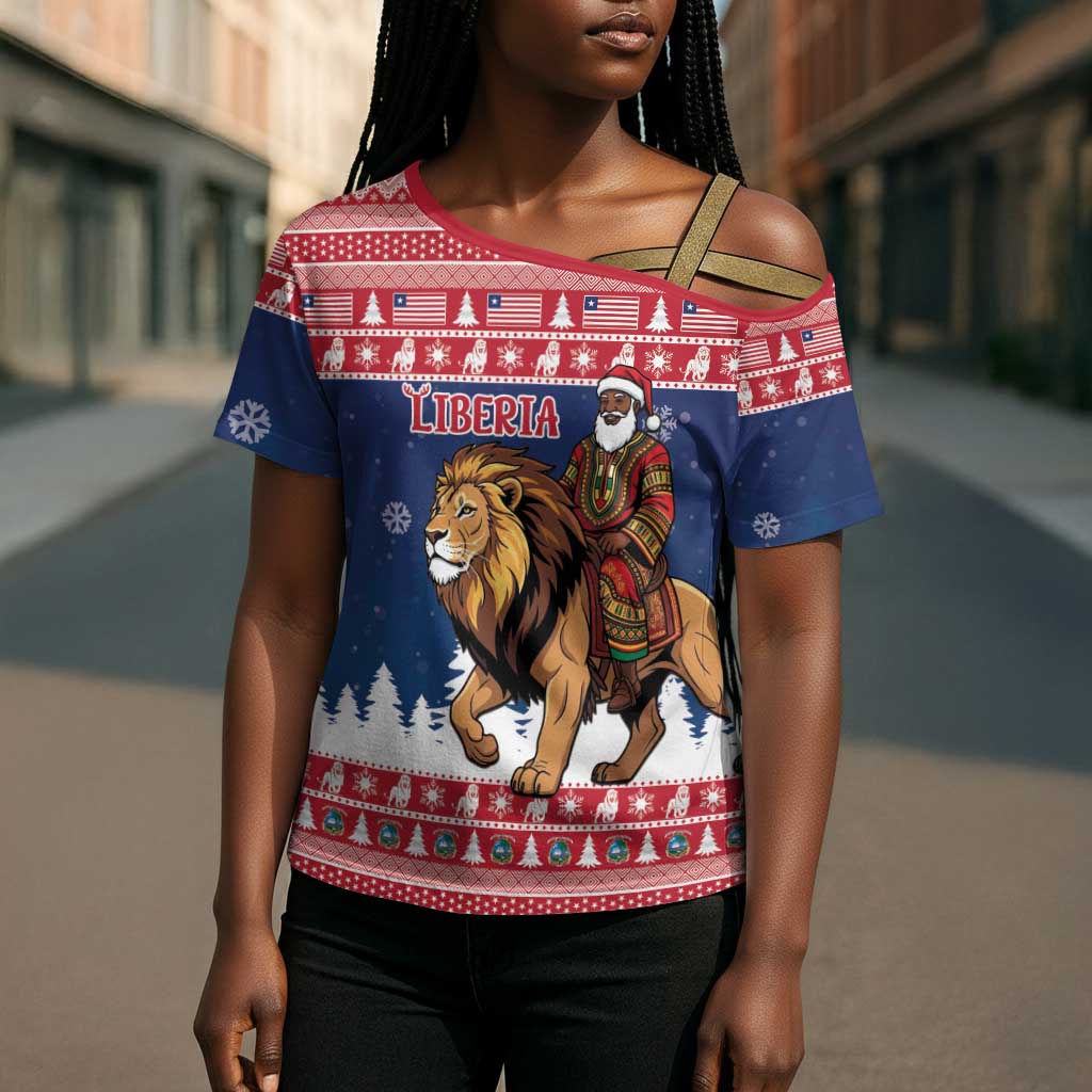 Personalized Liberia Christmas Cross Shoulder Shirt Black Santa Riding Lion - Merry Christmas