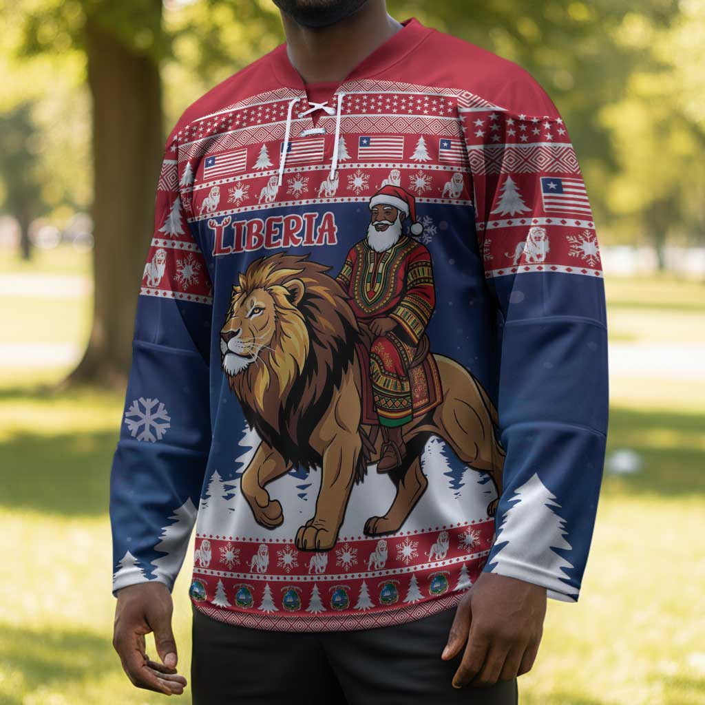 Personalized Liberia Christmas Hockey Jersey Black Santa Riding Lion - Merry Christmas