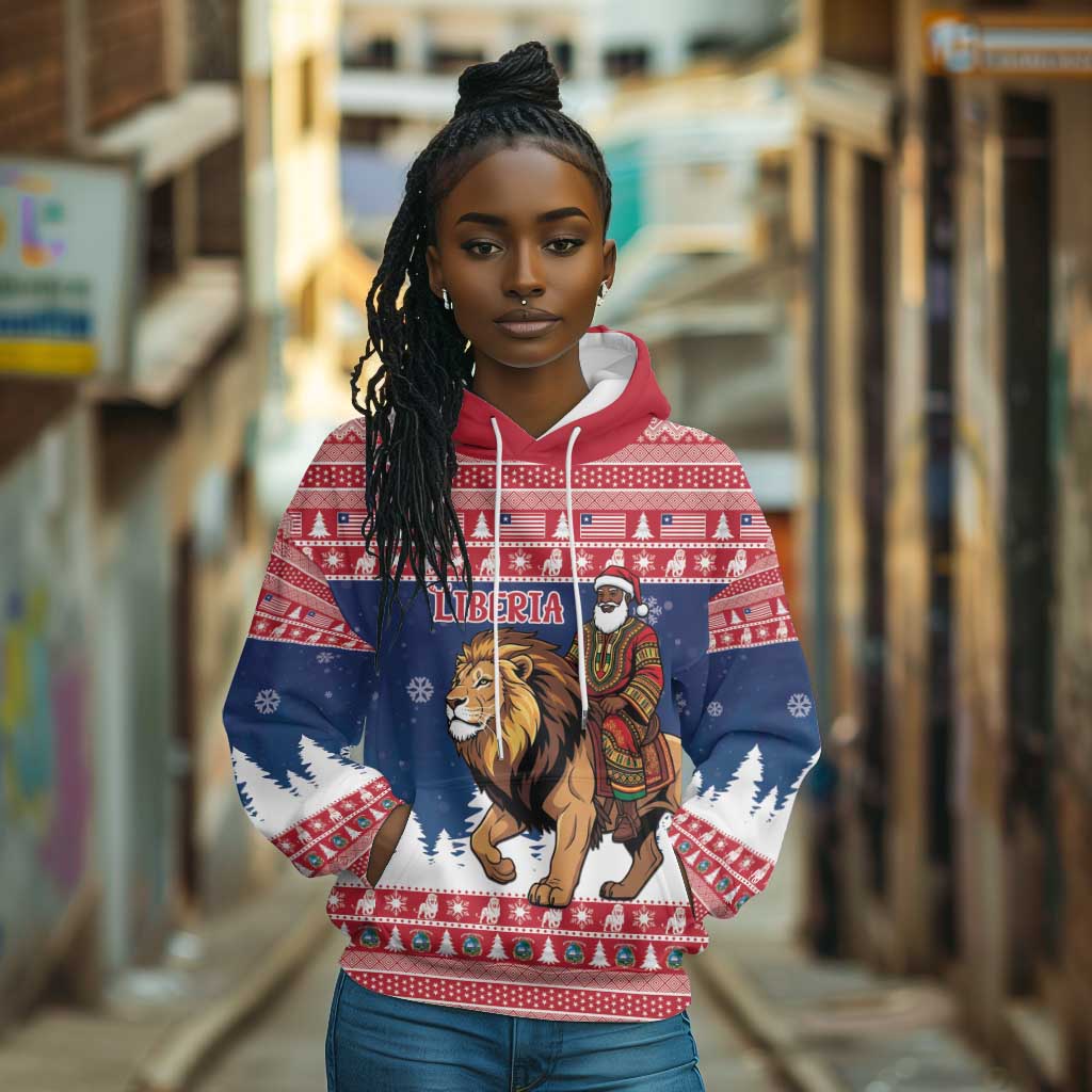 Personalized Afro Christmas in Liberia Hoodie Black Santa Riding Lion - Merry Christmas - African Pride