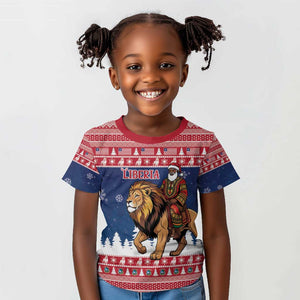 Personalized Afro Christmas in Liberia Kid T shirt Black Santa Riding Lion - Merry Christmas - African Pride