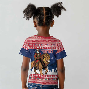 Personalized Afro Christmas in Liberia Kid T shirt Black Santa Riding Lion - Merry Christmas - African Pride