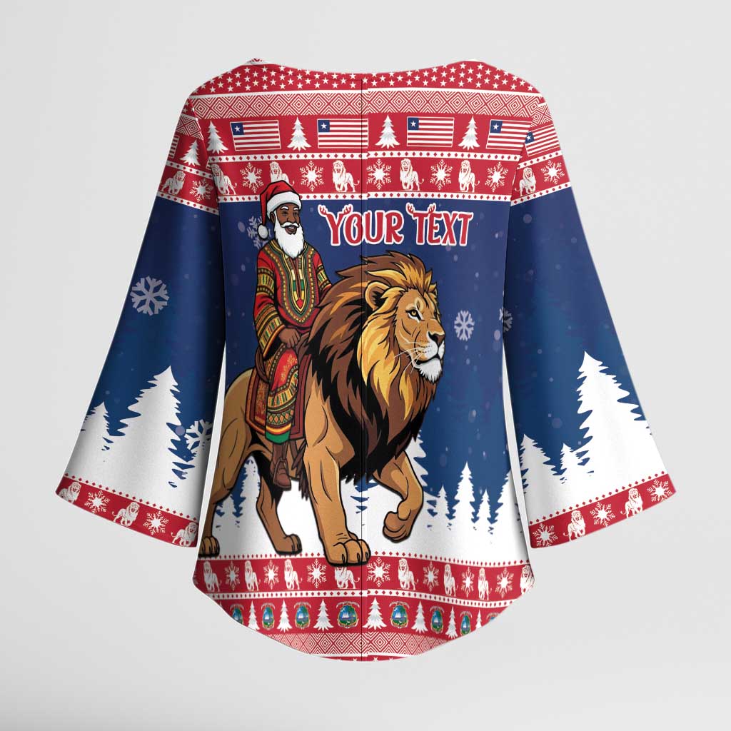 Personalized Liberia Christmas Kimono Sleeve Blouse Black Santa Riding Lion - Merry Christmas