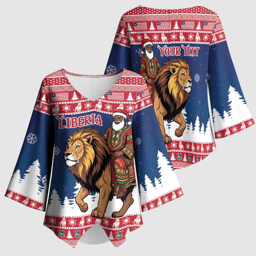 Personalized Liberia Christmas Kimono Sleeve Blouse Black Santa Riding Lion - Merry Christmas
