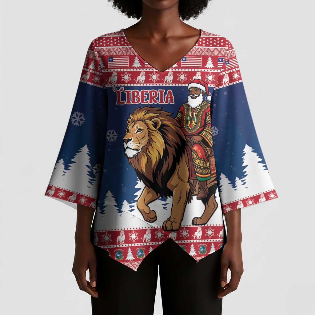 Personalized Liberia Christmas Kimono Sleeve Blouse Black Santa Riding Lion - Merry Christmas